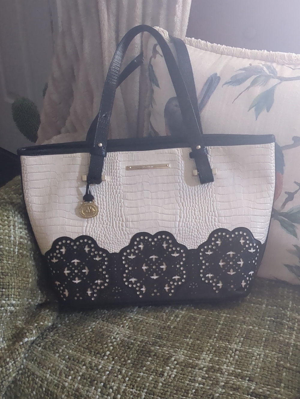 Brahmin Two-Tone White and Black Scalloped Tote with Gold Charm & Hardware